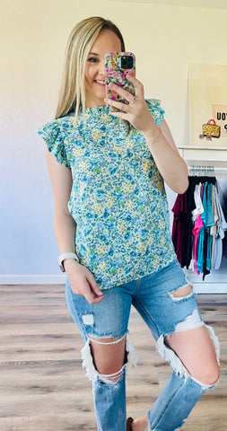 INSTOCK MINT FLORAL RUFFLE SLEEVE TOP