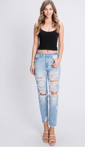 INSTOCK PETRA DISTRESSED HIGH WAISTED MOM JEANS